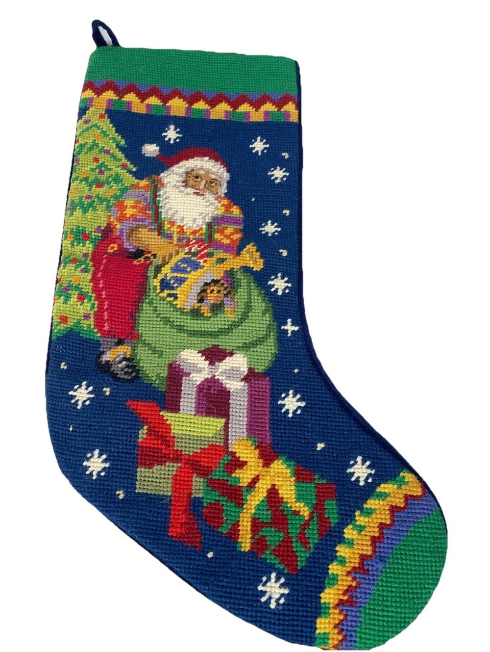 Vtg Needlepoint Christmas Stocking Santa Claus Presents Starry Sky Blue Backing